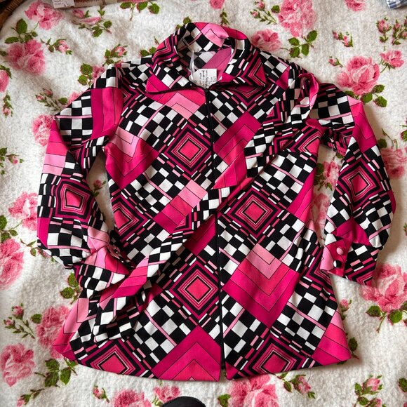 1970s DISCO handmade geometric print hot pink and black zip up belted blazer! - Picture 11 of 14
